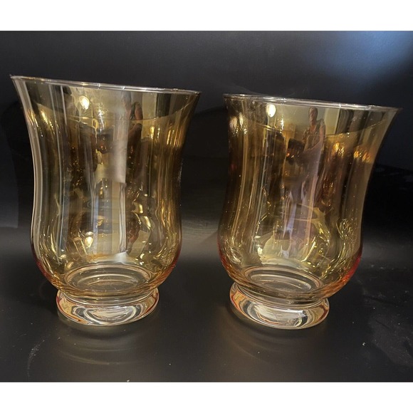 Set Of 2 Polish Hand Painted Hurricane Style Candle Holders Iridescent Amber - Picture 4 of 5